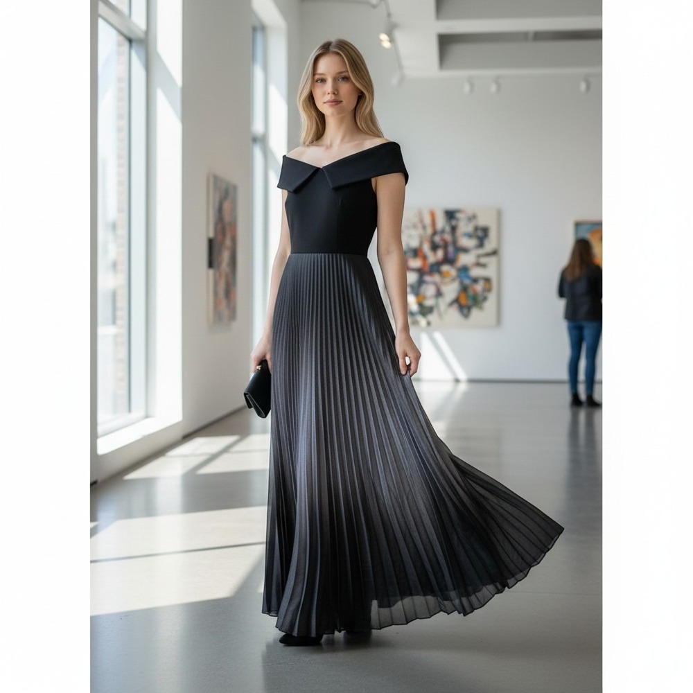 Betsy & Adam Womens12 Black Silver Ombre Pleated Portrait Collar Maxi Gown Dress